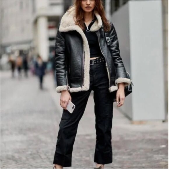 Zara Black Faux Leather Shearling Jacket Aviator Biker Moto Bomber Size Small - Picture 1 of 15